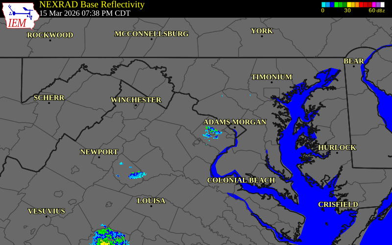 NEXRAD radar during the Sunday, March 15, 2026 storm activity in Loudoun County, Virginia