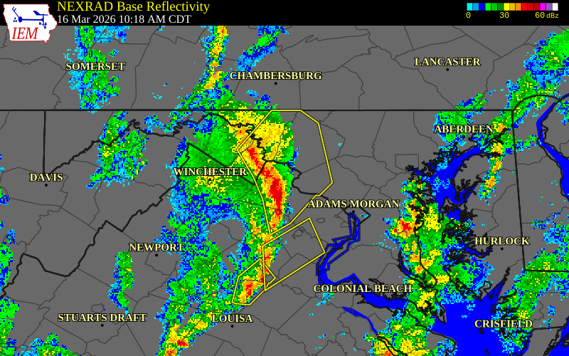 NEXRAD radar during the Monday, March 16, 2026 storm activity in Loudoun County, Virginia