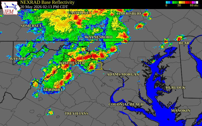 NEXRAD radar during the Wednesday, May 20, 2026 storm activity in Loudoun County, Virginia