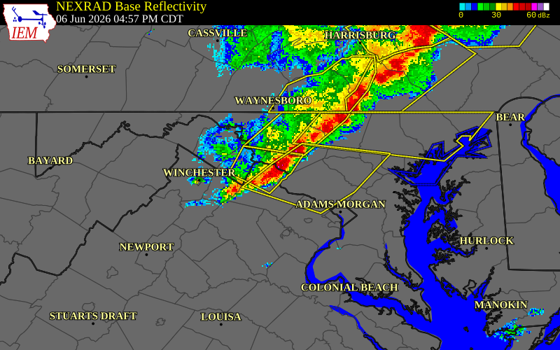 NEXRAD radar during the Saturday, June 6, 2026 storm activity in Loudoun County, Virginia