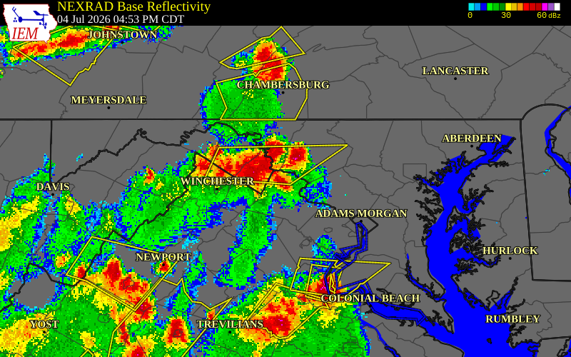 NEXRAD radar during the Saturday, July 4, 2026 storm activity in Loudoun County, Virginia
