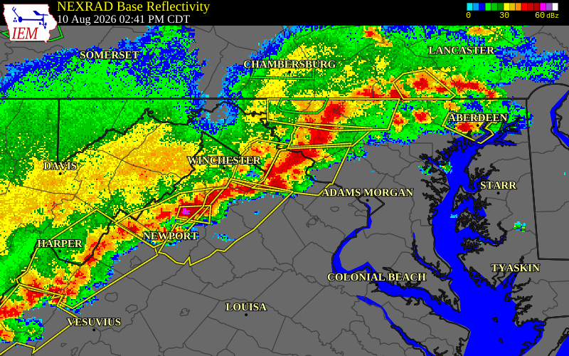 NEXRAD radar during the Monday, August 10, 2026 storm activity in Loudoun County, Virginia