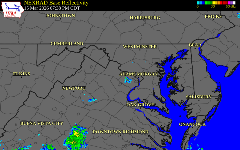 Radar snapshot during the Mar 15, 2026 wind event near Dulles International Ai, Loudoun County, Virginia, with NWS warning polygons