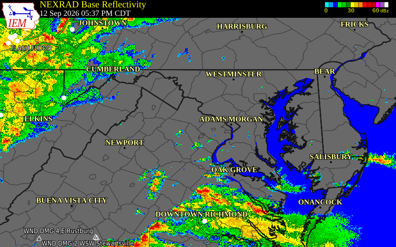 Current NEXRAD radar over Loudoun County, Virginia with recent storm report locations