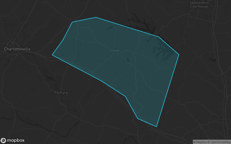Map of Louisa County, Virginia showing the county boundary and surrounding cities