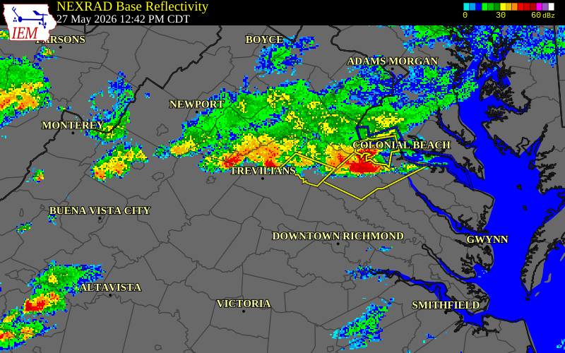 NEXRAD radar during the Wednesday, May 27, 2026 storm activity in Louisa County, Virginia