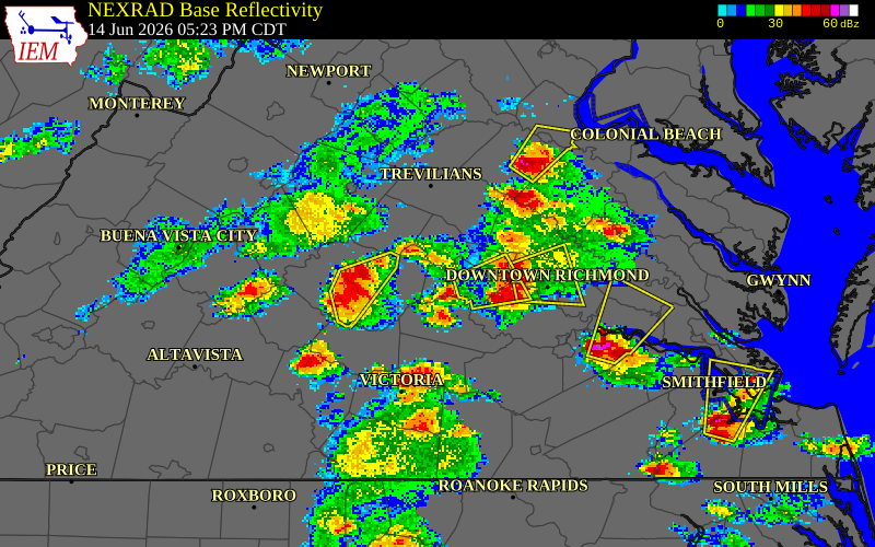 NEXRAD radar during the Sunday, June 14, 2026 storm activity in Louisa County, Virginia
