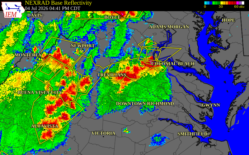 NEXRAD radar during the Saturday, July 4, 2026 storm activity in Louisa County, Virginia