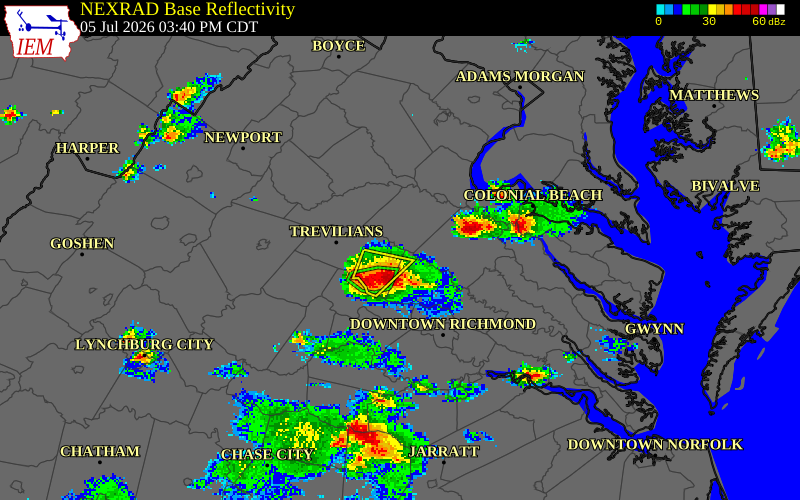 NEXRAD radar during the Sunday, July 5, 2026 storm activity in Louisa County, Virginia