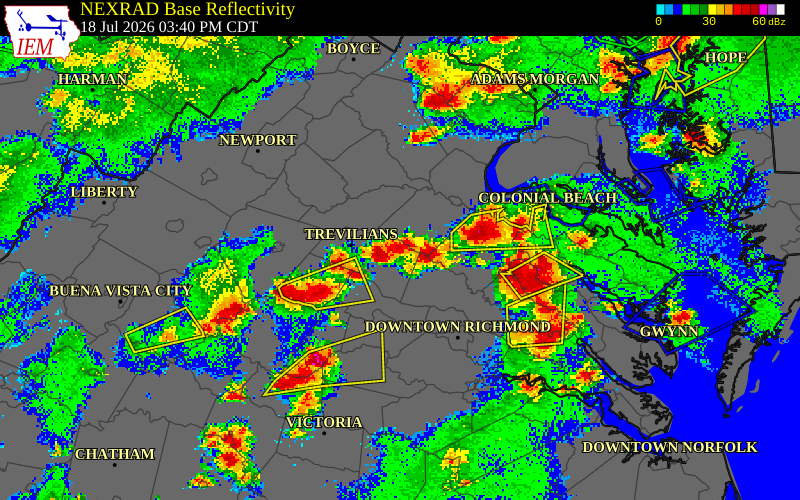NEXRAD radar during the Saturday, July 18, 2026 storm activity in Louisa County, Virginia