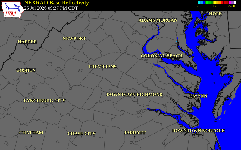 NEXRAD radar during the Saturday, July 25, 2026 storm activity in Louisa County, Virginia