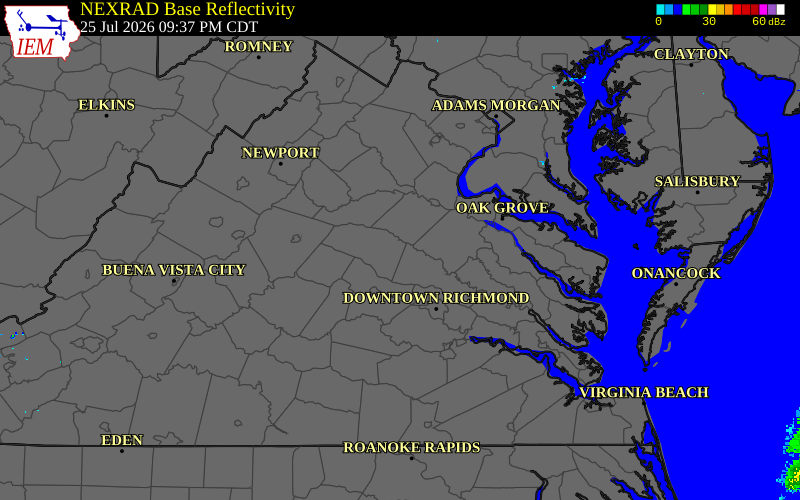Radar snapshot during the Jul 25, 2026 hail event near Bumpass, Louisa County, Virginia, with NWS warning polygons