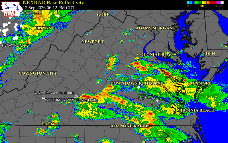 Current NEXRAD radar over Louisa County, Virginia with recent storm report locations