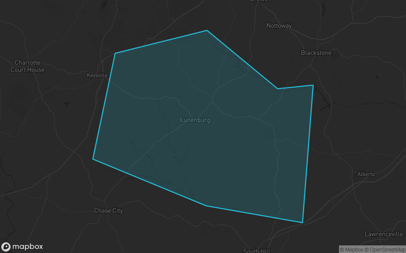 Map of Lunenburg County, Virginia showing the county boundary and surrounding cities