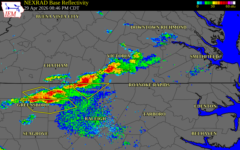 NEXRAD radar during the Wednesday, April 29, 2026 storm activity in Lunenburg County, Virginia