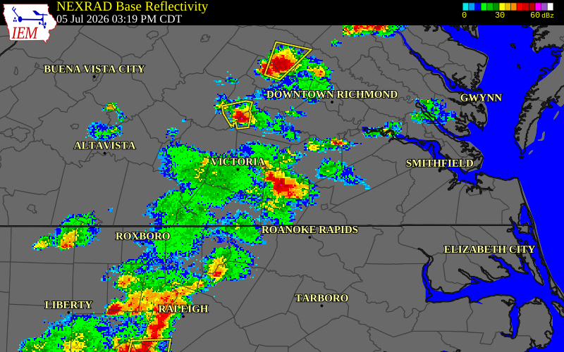 NEXRAD radar during the Sunday, July 5, 2026 storm activity in Lunenburg County, Virginia