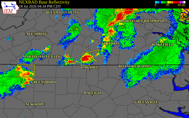 NEXRAD radar during the Saturday, July 18, 2026 storm activity in Lunenburg County, Virginia