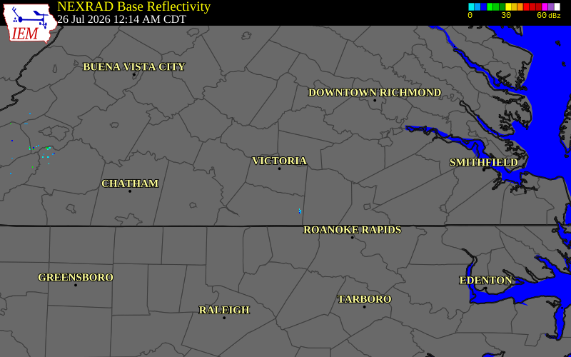 NEXRAD radar during the Sunday, July 26, 2026 storm activity in Lunenburg County, Virginia