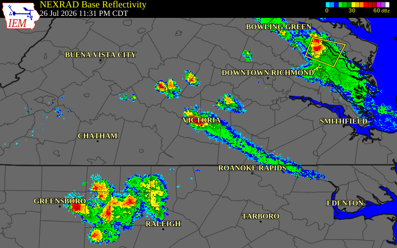 NEXRAD radar during the Monday, July 27, 2026 storm activity in Lunenburg County, Virginia