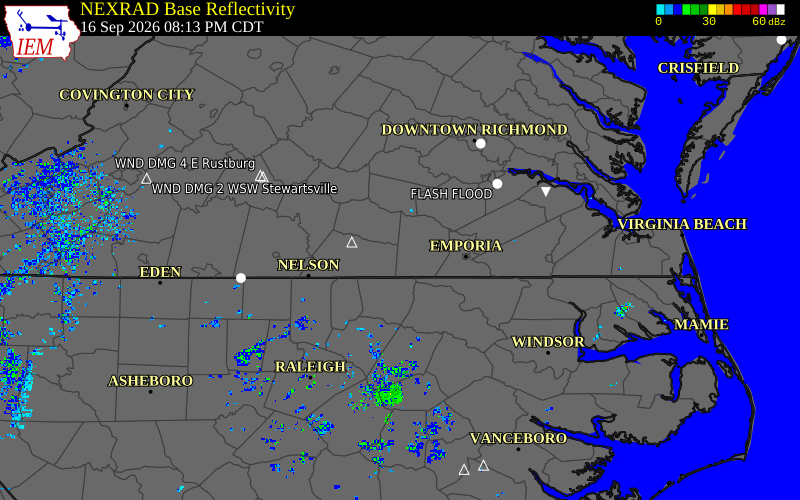 Current NEXRAD radar over Lunenburg County, Virginia with recent storm report locations