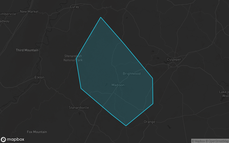 Map of Madison County, Virginia showing the county boundary and surrounding cities