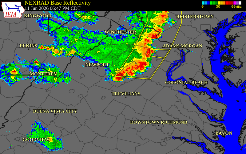 NEXRAD radar during the Thursday, June 11, 2026 storm activity in Madison County, Virginia