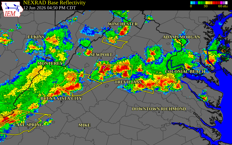 NEXRAD radar during the Friday, June 12, 2026 storm activity in Madison County, Virginia