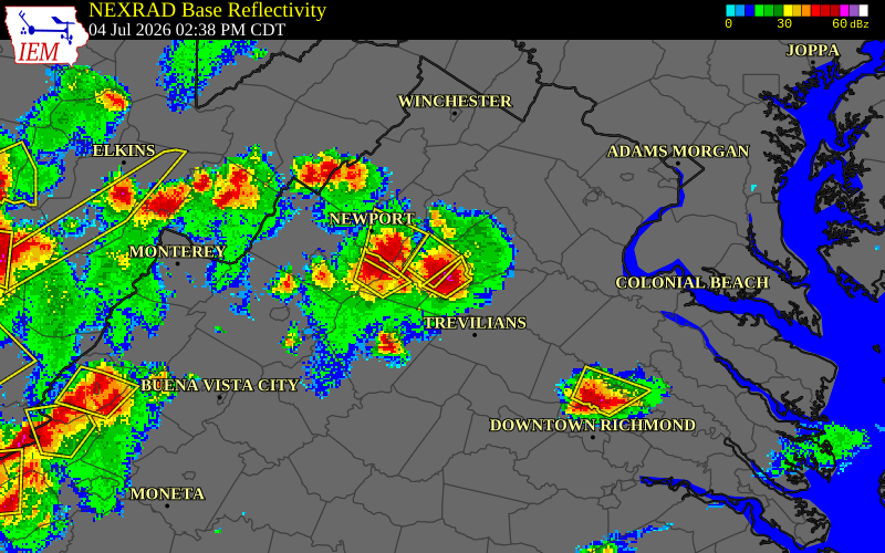 NEXRAD radar during the Saturday, July 4, 2026 storm activity in Madison County, Virginia