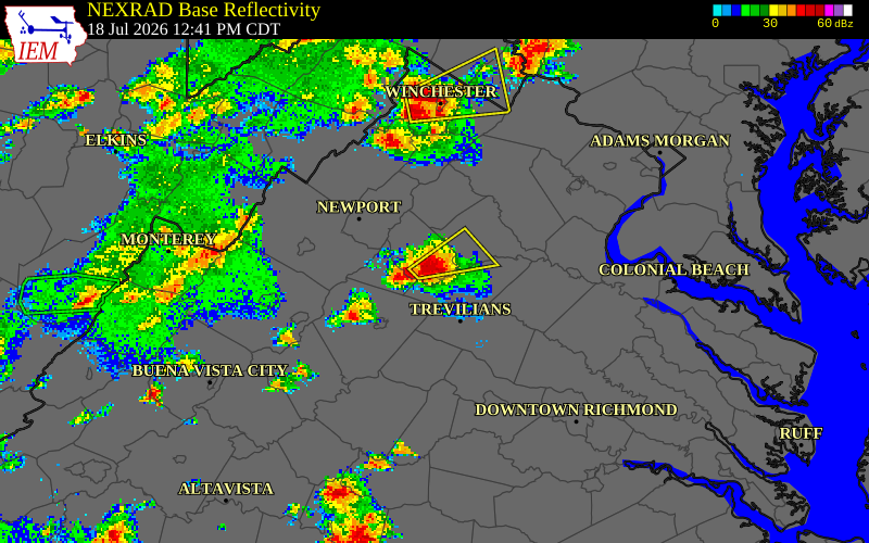 NEXRAD radar during the Saturday, July 18, 2026 storm activity in Madison County, Virginia