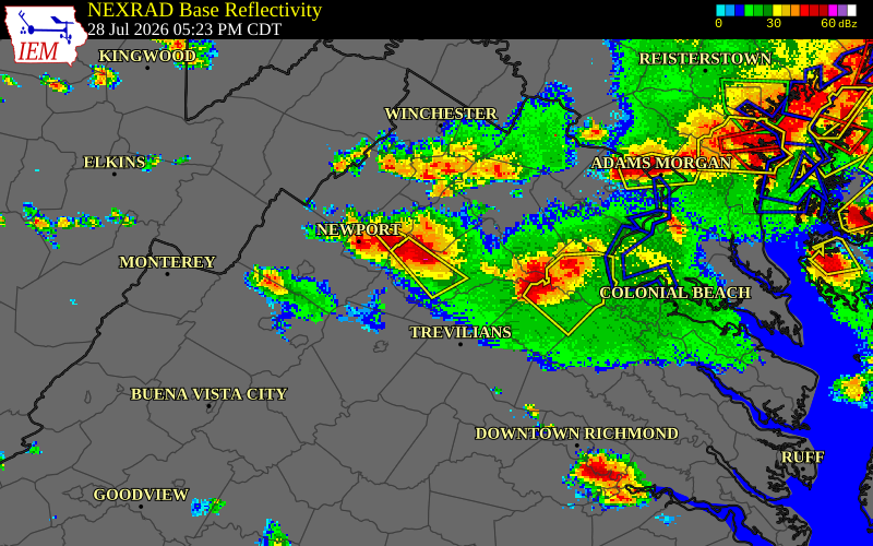 NEXRAD radar during the Tuesday, July 28, 2026 storm activity in Madison County, Virginia