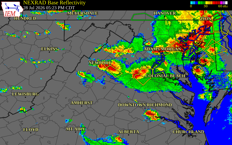 Radar snapshot during the Jul 28, 2026 wind event near 4 NNW Oakpark, Madison County, Virginia, with NWS warning polygons