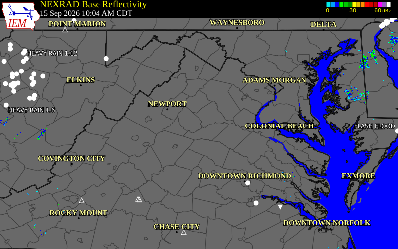 Current NEXRAD radar over Madison County, Virginia with recent storm report locations