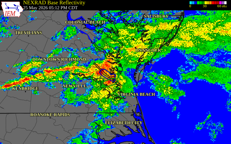 NEXRAD radar during the Monday, May 25, 2026 storm activity in Mathews County, Virginia