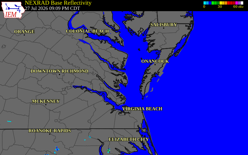 NEXRAD radar during the Monday, July 27, 2026 storm activity in Mathews County, Virginia
