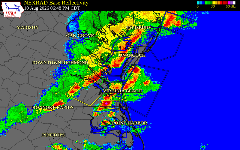 Radar snapshot during the Aug 10, 2026 wind event near Mathews County, Mathews County, Virginia, with NWS warning polygons