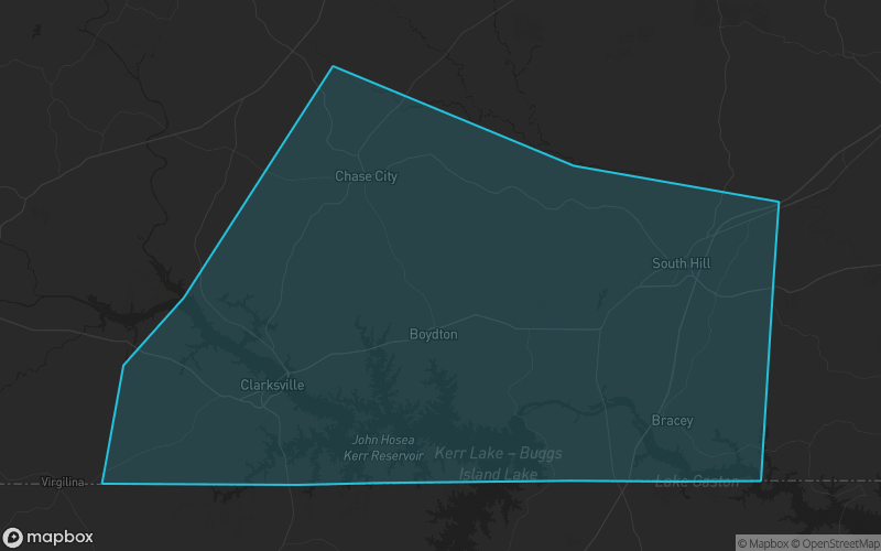 Map of Mecklenburg County, Virginia showing the county boundary and surrounding cities