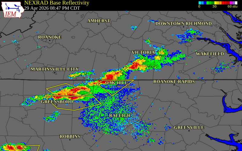 NEXRAD radar during the Wednesday, April 29, 2026 storm activity in Mecklenburg County, Virginia