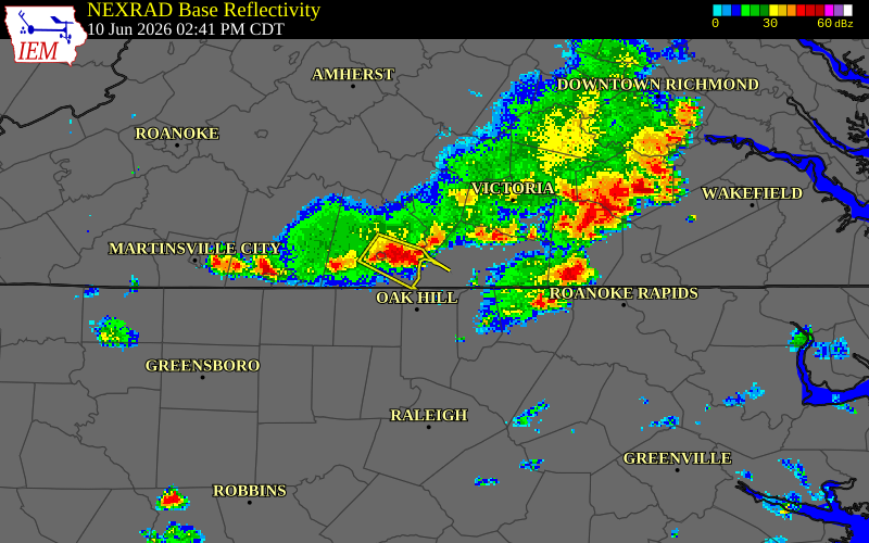 NEXRAD radar during the Wednesday, June 10, 2026 storm activity in Mecklenburg County, Virginia