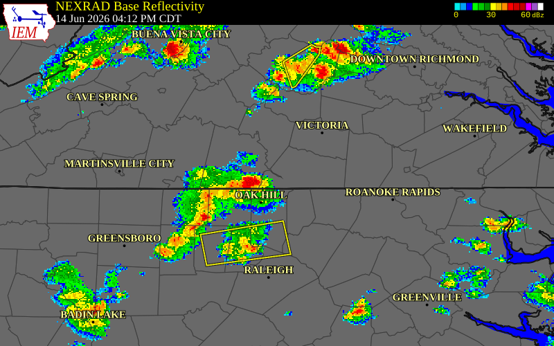 NEXRAD radar during the Sunday, June 14, 2026 storm activity in Mecklenburg County, Virginia