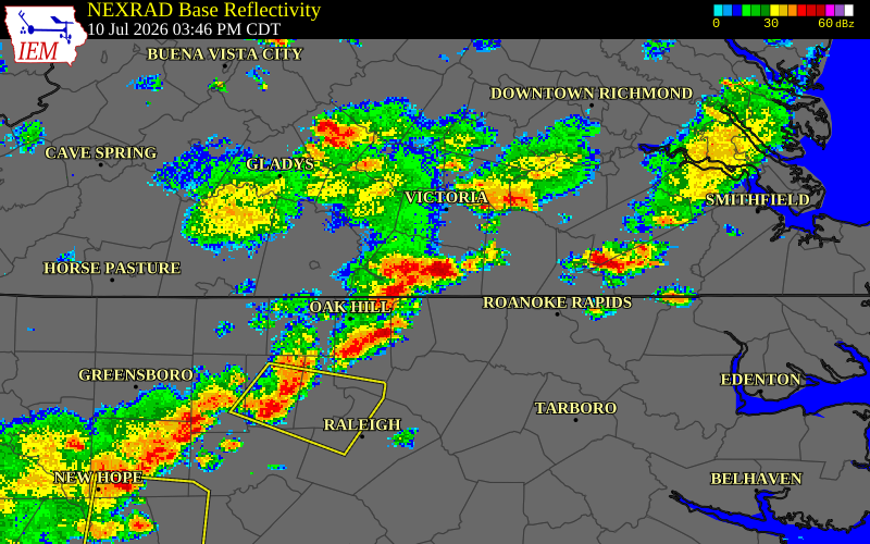 NEXRAD radar during the Friday, July 10, 2026 storm activity in Mecklenburg County, Virginia