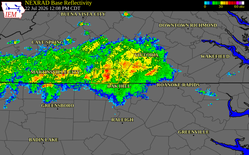 NEXRAD radar during the Wednesday, July 22, 2026 storm activity in Mecklenburg County, Virginia