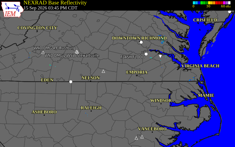 Current NEXRAD radar over Mecklenburg County, Virginia with recent storm report locations