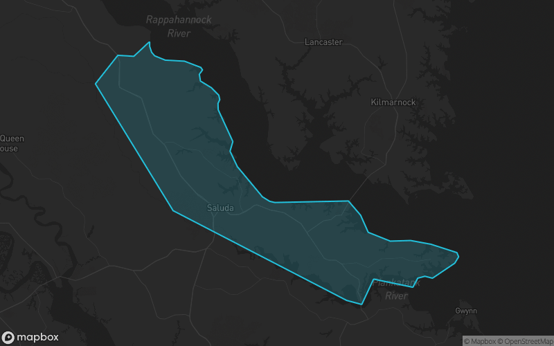 Map of Middlesex County, Virginia showing the county boundary and surrounding cities