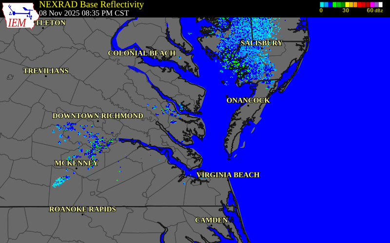 NEXRAD radar during the Saturday, November 8, 2025 storm activity in Middlesex County, Virginia