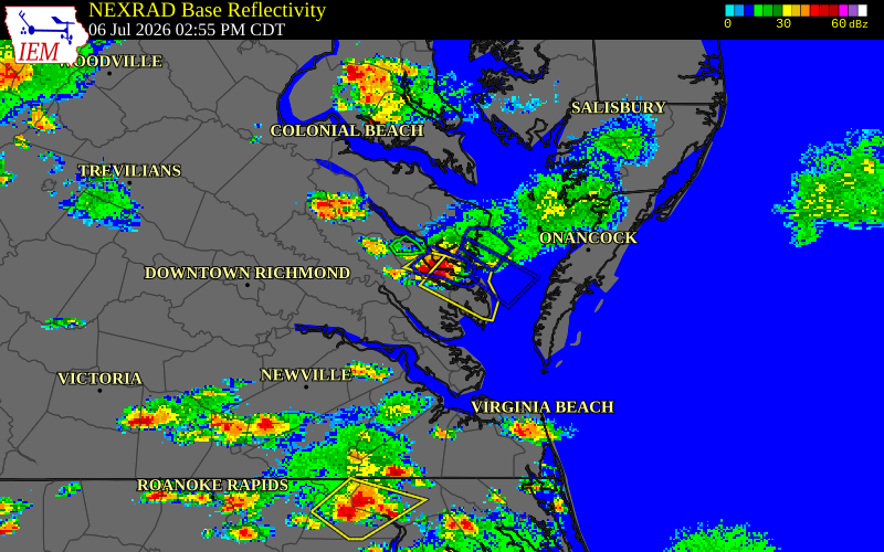 NEXRAD radar during the Monday, July 6, 2026 storm activity in Middlesex County, Virginia