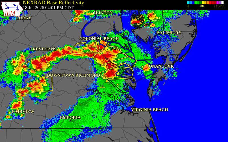 NEXRAD radar during the Saturday, July 18, 2026 storm activity in Middlesex County, Virginia