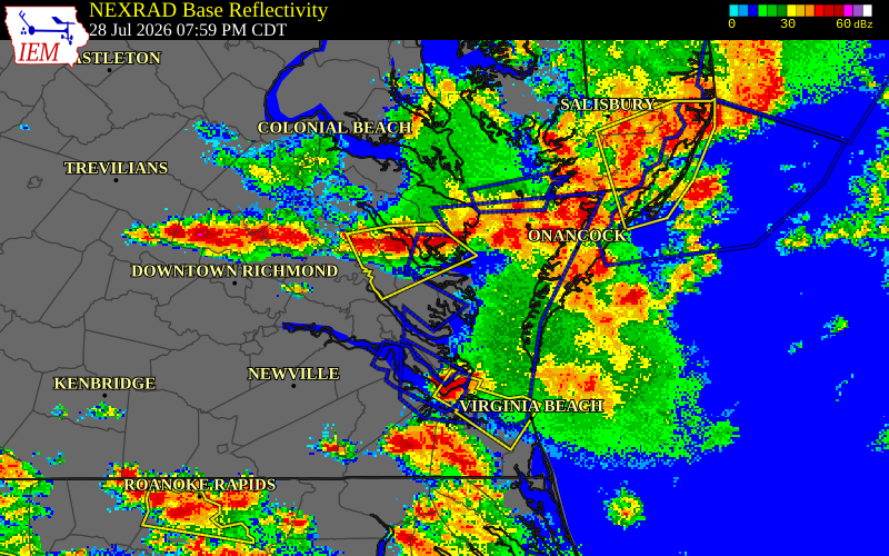 NEXRAD radar during the Tuesday, July 28, 2026 storm activity in Middlesex County, Virginia