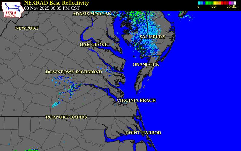 Radar snapshot during the Nov 8, 2025 tornado event near 1 S Amburg, Middlesex County, Virginia, with NWS warning polygons