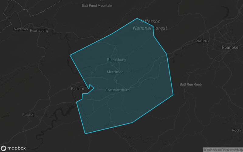 Map of Montgomery County, Virginia showing the county boundary and surrounding cities