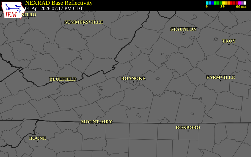 NEXRAD radar during the Wednesday, April 1, 2026 storm activity in Montgomery County, Virginia